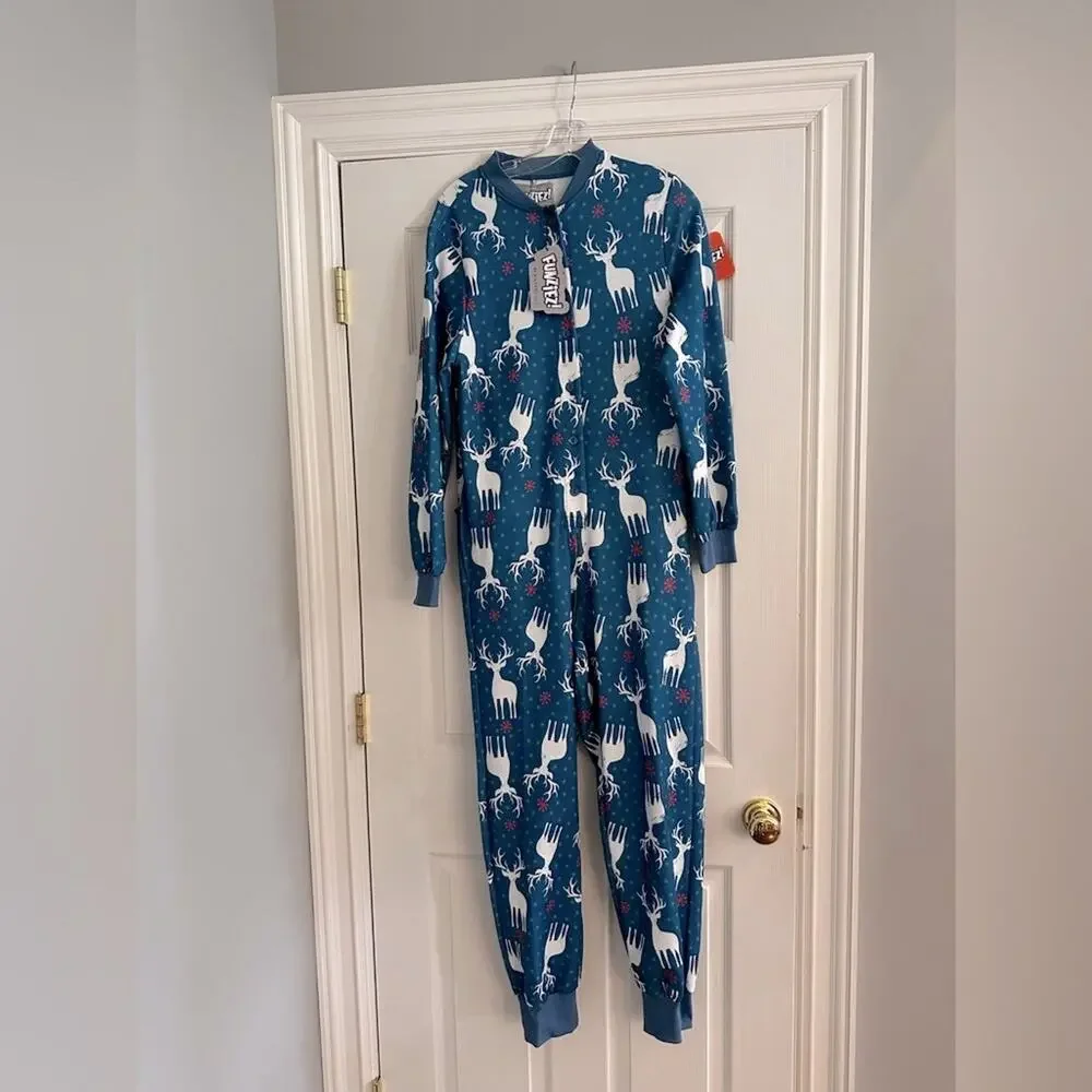 Funziez! Christmas Reindeers Pajama Adult Onesie Holiday Women SMALL Blue PJ NWT